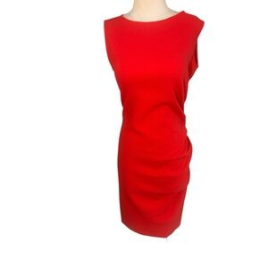 Emilio Pucci vintage virgin wool sheath dress with side drape coral red stretch